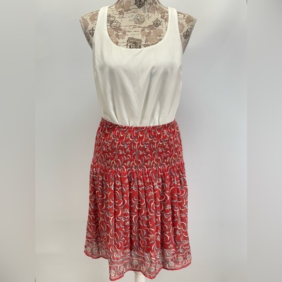 MAX STUDIO Cerise Red and White floral smocked waist skirt size M - Picture 2 of 14